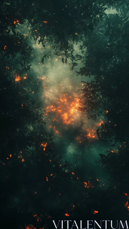 Controlled fire with smoke dispersal through dense green canopy.