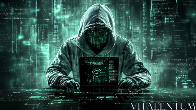 Hooded hacker at laptop in neon green digital matrix scene.