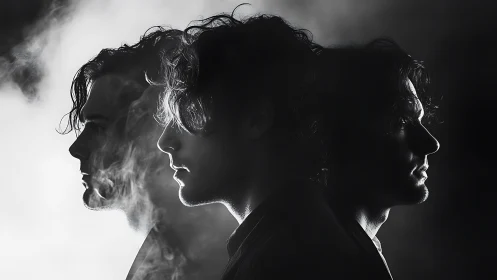 Triple male side profiles in high contrast monochrome study.