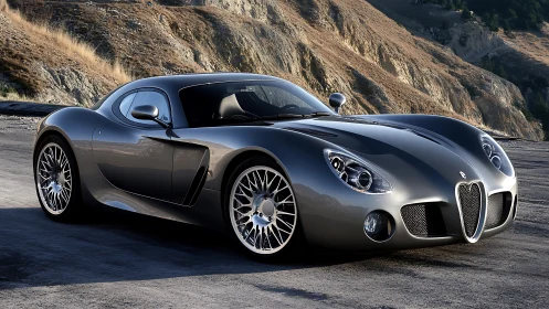 Grey luxury sports coupe parked on mountain roadside.