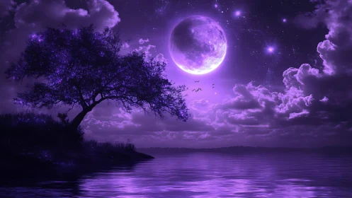 Lunar-reflective violet shoreline under hypersaturated nebular sky.