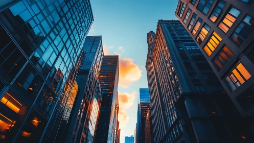 Urban canyon skyline with reflective glass towers at sunset