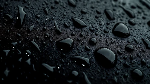 Water droplets glisten on dark textured surface in macro view.