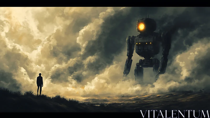 Lone human confronts towering robot amid storm-laden fog