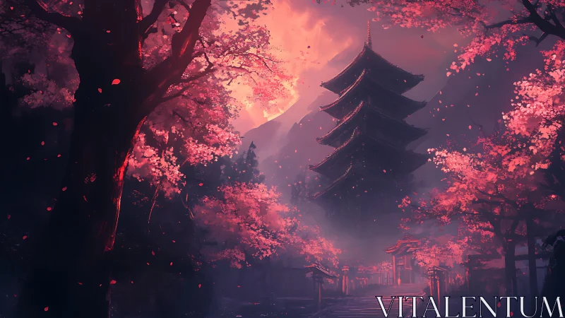 Moonlit pagoda rises amid luminous cherry blossoms at dusk.