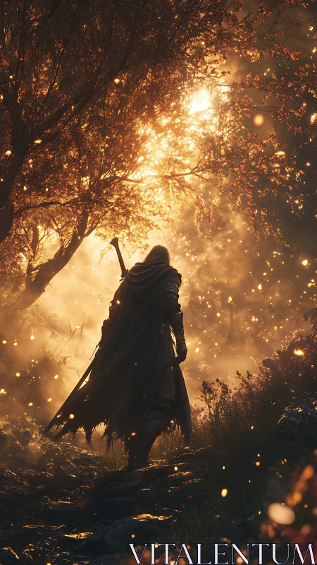 Hooded wanderer in ember-lit forest clearing, strong backlight