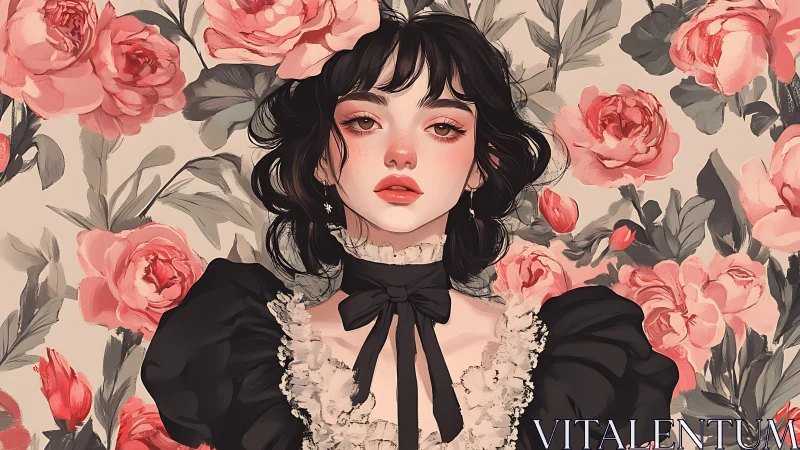 Dark haired woman in black dress against pink floral wall.