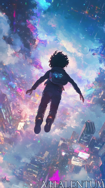 Dreaming teen drifts above neon city into a sky of wonder.