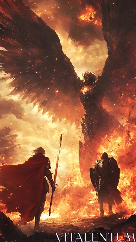 Armored warriors confront towering fiery winged entity