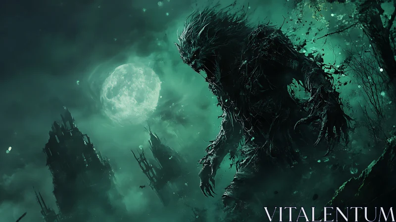 Monstrous lunar wraith stalking ruins in teal storm fog.