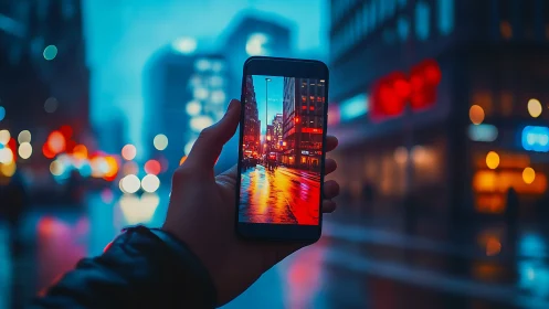 Smartphone frames vivid city street on rainy night.