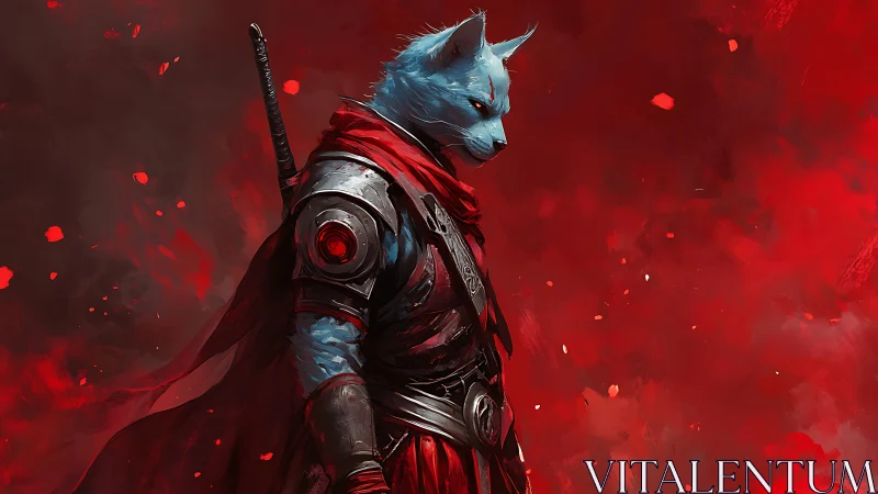Blue feline warrior stalks through a storm of burning red