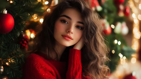 Young woman by Christmas tree in warm holiday lights.