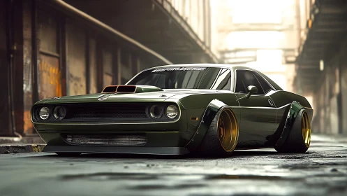 Widebody classic muscle car in urban alleyway setting.