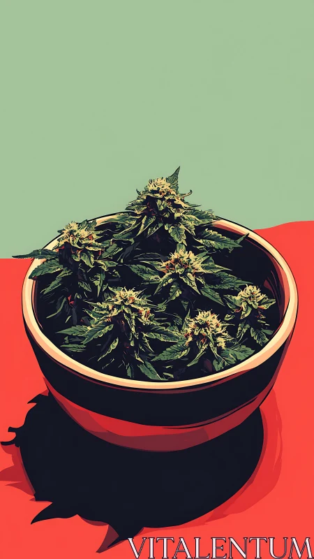 Bowl with dense green cannabis buds on flat red surface