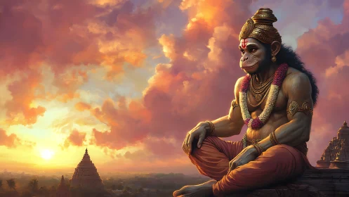 Sunset serenity of a divine monkey guardian above temples.