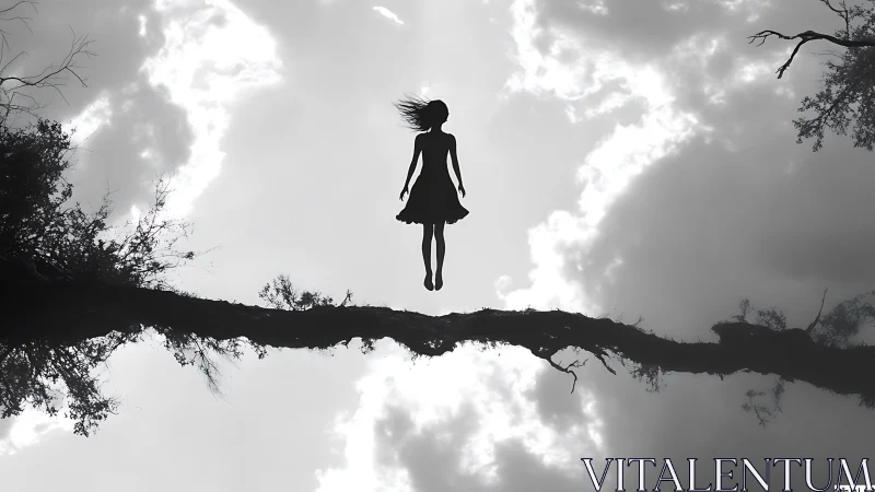 Silhouette girl quietly levitates above a sky-suspended branch