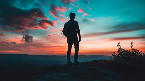 Sunset hiker pausing on a ridge beneath glowing skies.