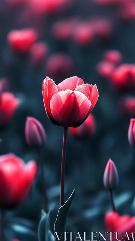 Crimson Tulip's Elegant Stand Among Shadowed Blooms