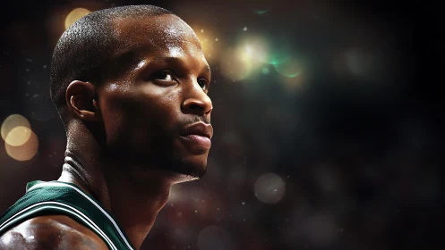Focused basketball player under glowing arena lights.