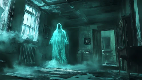 Translucent specter stands in decayed interior with green haze
