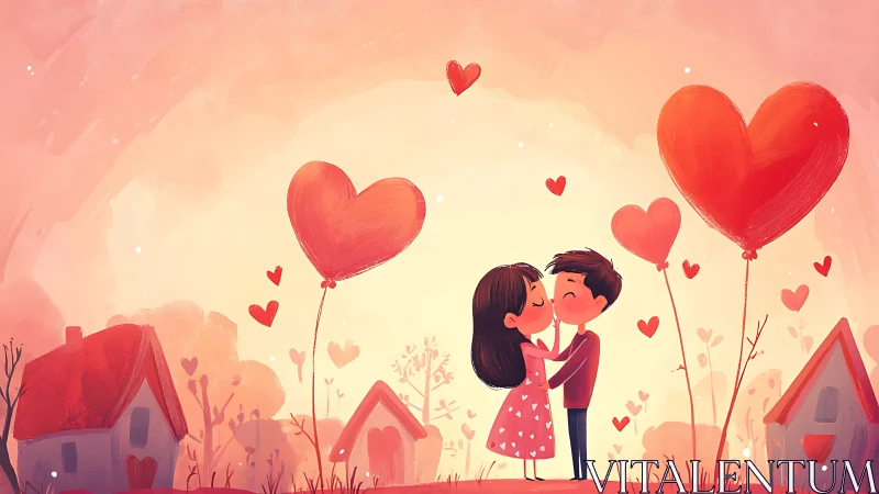 A couple shares a tender kiss surrounded by floating heart balloons.