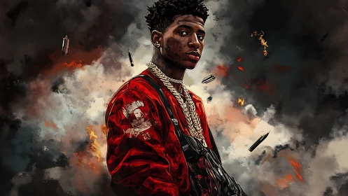 Young man in red jacket stands amid smoky, explosive sky.