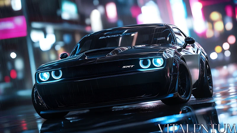 Neon-illuminated SRT muscle car in rain-soaked urban motion.