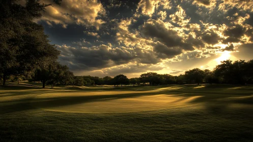 Sunlit golf fairway under dramatic storm-lit clouds.