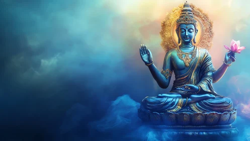 Serene lotus guardian in luminous sapphire twilight aura.