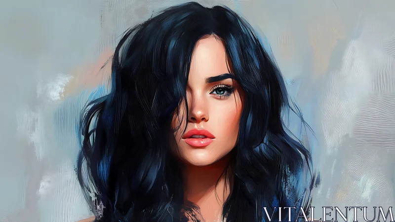 Digital portrait of woman with deep blue hair on soft ground