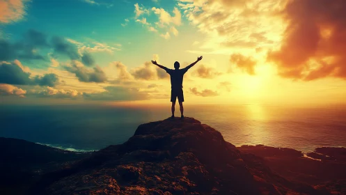 Silhouette on coastal cliff observing vivid ocean sunset.