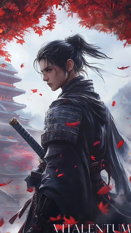 Lone samurai stands beneath crimson autumn maple canopy.