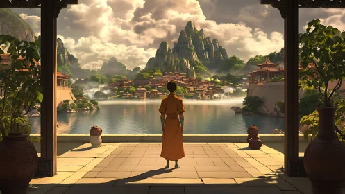 Young wanderer gazes over tranquil lakeside mountain city.