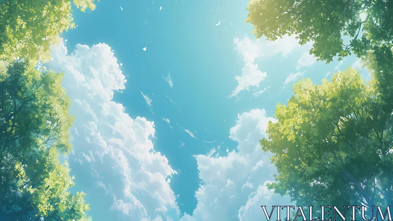 Framed treetops define a clouded sky in upward view