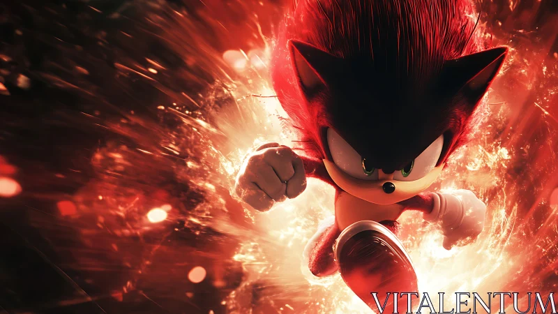 Red anthropomorphic hedgehog running through fiery energy field.