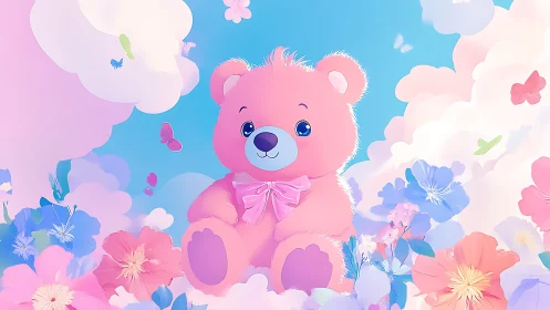 Pink teddy bear in pastel clouds with colorful flowers.