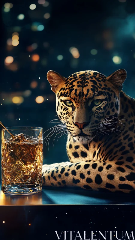 Leopard with Whiskey Glass in Cinematic Bokeh Setting.