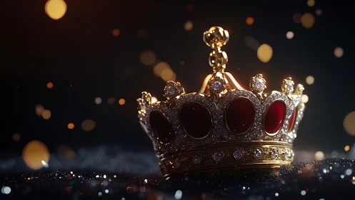 Jeweled gold crown rests on velvet amid glowing bokeh light