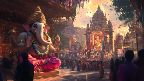 Golden Ganesha festival glows against a vibrant temple skyline