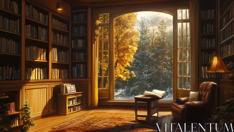 Library interior with forest view through large window.