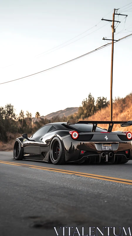 Widebody Ferrari 458 with aero kit on sunlit canyon road.