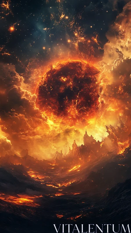 Apocalyptic molten planet rises above a burning infernal landscape