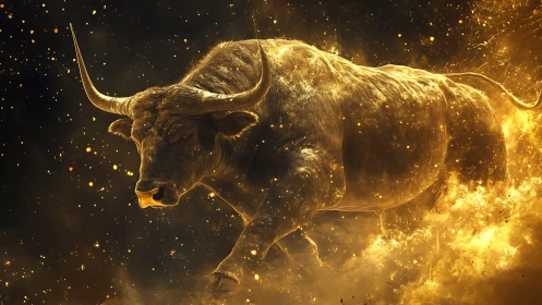 Golden energy bull rendered in dynamic digital chiaroscuro