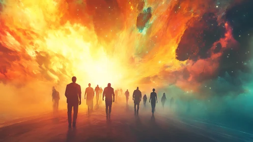 Digital painting of silhouetted figures entering cosmic portal.