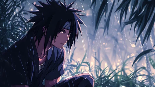 Rain-soaked shinobi sits sharpening storms inside his gaze