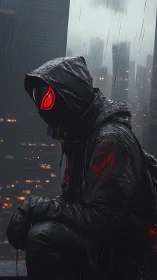Hooded masked figure on rooftop in rainy neon city at night.