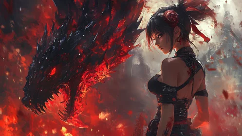 Fiery dragon apparition looms behind cyberpunk warrior