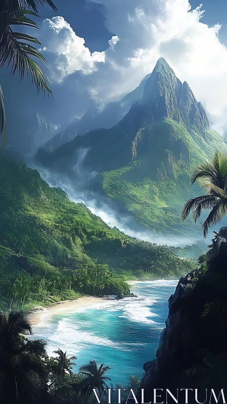 Tropical Mountain Coastline with Lush Valley and Beach.