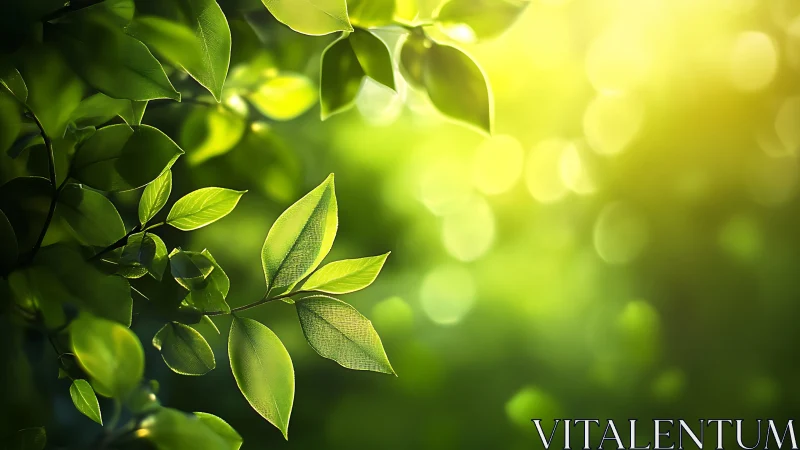 Sunlit Green Leaves with Soft Bokeh in Nature Photography Style.